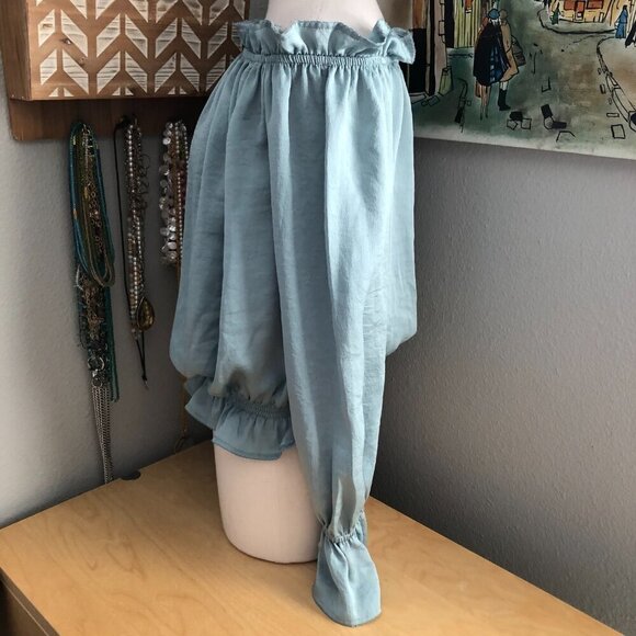 Express Satin Blouson Blouse size M Light Blue Off the Shoulder Ruffled Sleeve - Picture 5 of 9